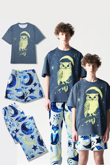 Grey Blue Luminous Printed  Short Sleeves Matching Family Pajamas